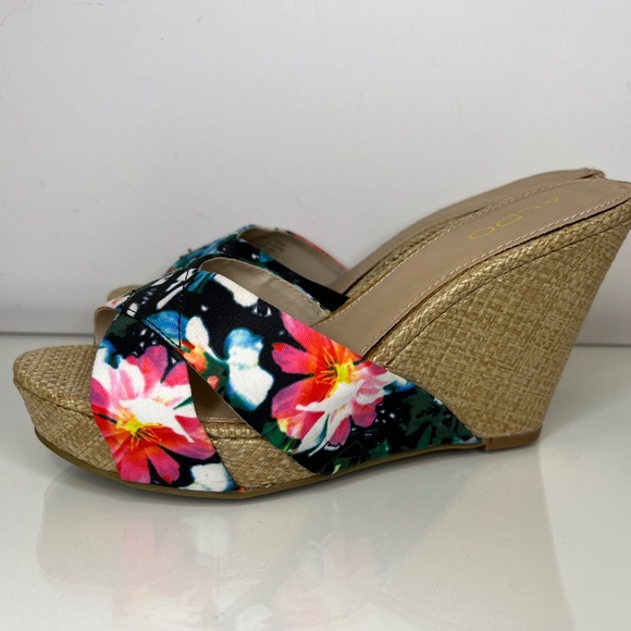 Aldo Sandals Floral Colourful Hawaiian Wedge Wicker High Heel Size 7.5 - Picture 2 of 14